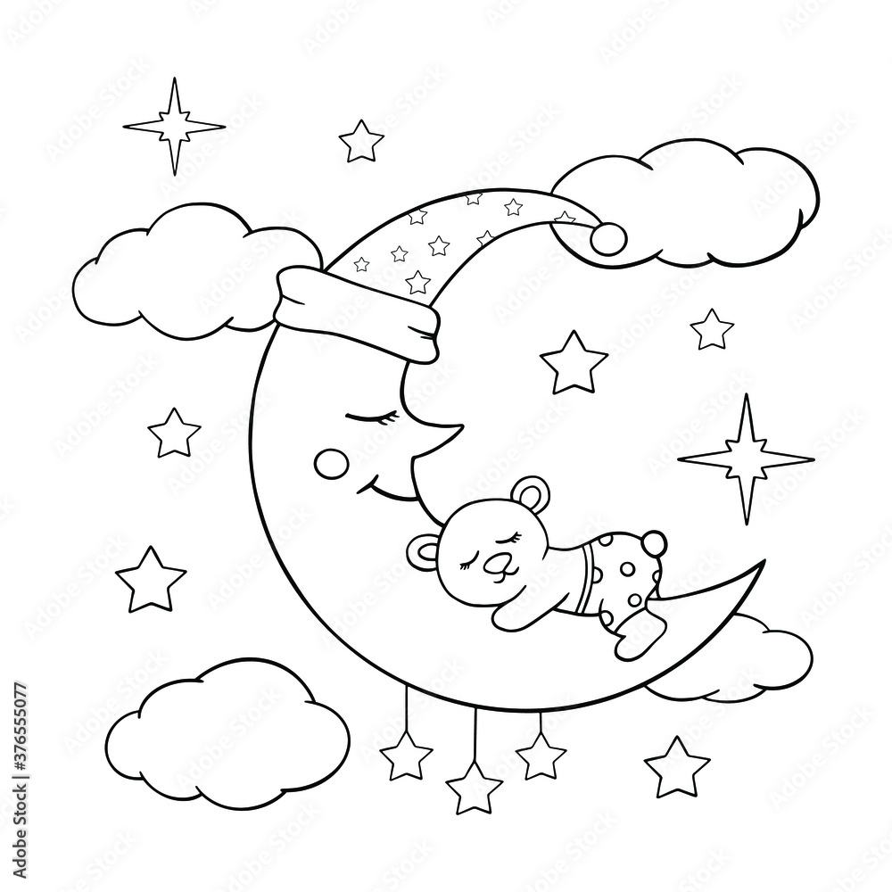 Cute cartoon bear sleeping on the moon in clouds and stars. Black and ...