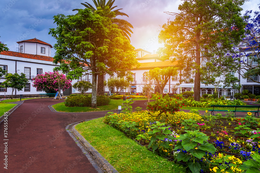 Beautiful Jardim Sena Freita, located in the historic center of Ponta Delgada city on Sao Miguel island. Azores, Sao Miguel, Portugal.