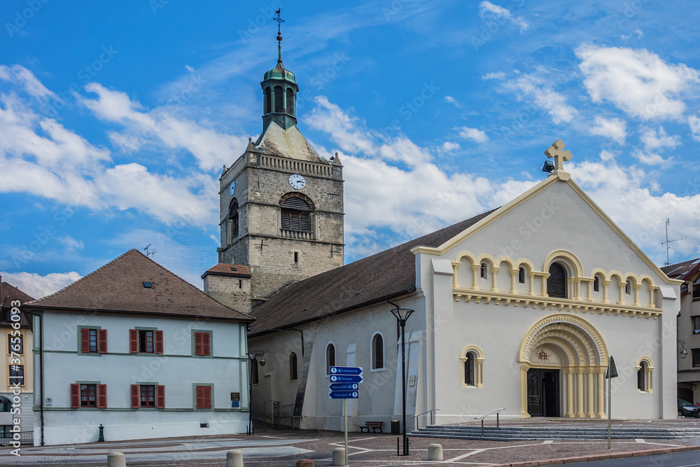 Naklejka premium View of Eglise Notre-Dame de l'Assomption. Evian-les-Bains on the banks of Leman Lake (east of France), commune in the Haute-Savoie department in the Rhone-Alpes region.