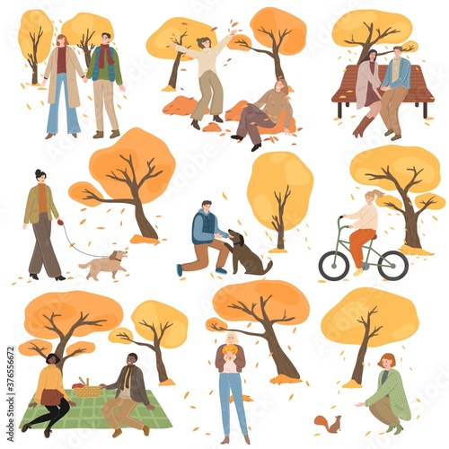Set of people walking, meeting, having picnics in autumn park