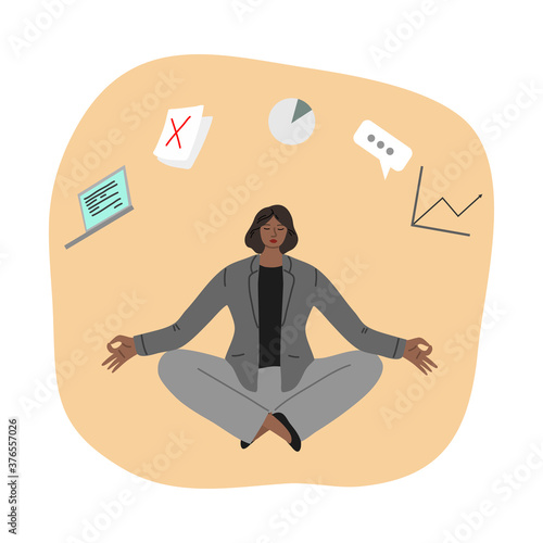 Woman trying to concentrate and not to think about work, development and strategy and meditating