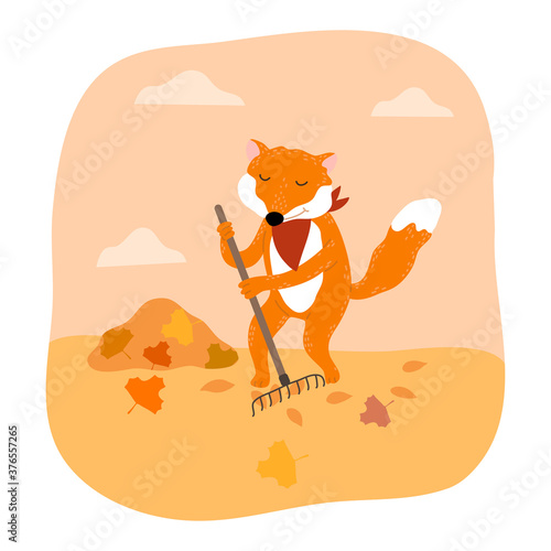 Red fox mowing hay with scythe during harvesting in autumn