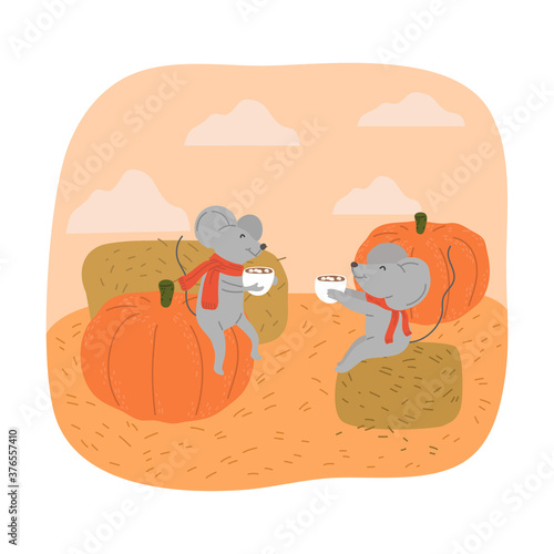 Grey mouses sitting on pumpkin and haystack and drinking cocoa with marshmallows during harvesting