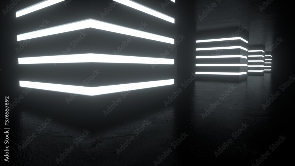 Abstract Sci-fi dark hall with bright white neon lights. Square shapes on a black background. Blurry reflections on the floor. 3d rendering Abstract Sci-fi dark hall with bright white neon lights. Square shapes on a black background. Blurry reflections on the floor. 3d rendering