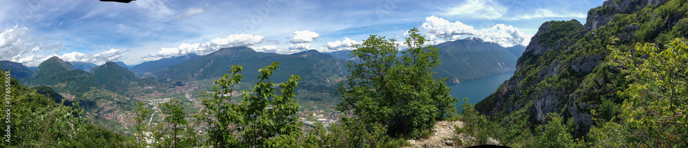 Panoramic viuew on Riva del garda from mountain peak of monte colodri, italy