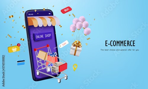 Pink balloon with cart and smartphone for online shopping
