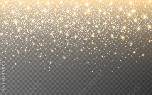 Glitter light on transparent background. Shining particles and stars. Gold waterfall effect with confetti. Christmas banner template with sparks. Vector illustration