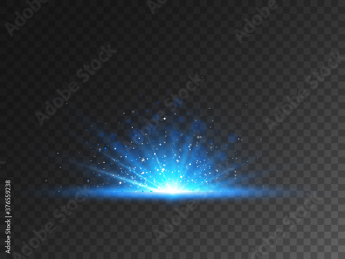 Light burst on transparent backdrop. Blue star with bright glitter. Luxury light effect with color rays. Magic glowing star. Cold sunrise design for banner, poster. Vector illustration