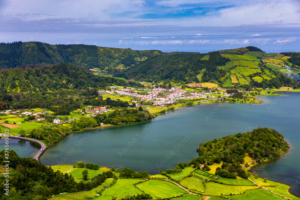 Traditional houses, Sete Cidades, Sao Miguel Island, Azores. Beautiful view of Sete Cidades village in Sao Miguel Island, Azores, Portugal. Traditional houses, Sete Cidades, Sao Miguel Island, Azores. Beautiful view of Sete Cidades village in Sao Miguel Island, Azores, Portugal.