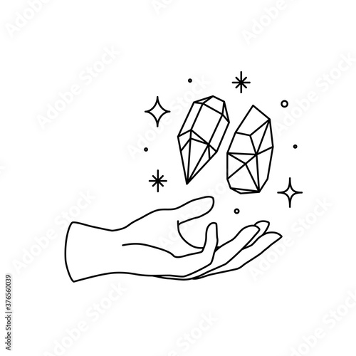 Vector female hand logo, icon in minimal linear style. Emblem design template with hand gesture holding crystals and stars for cosmetics, manicure, beauty, tattoo, spa, jewelry
