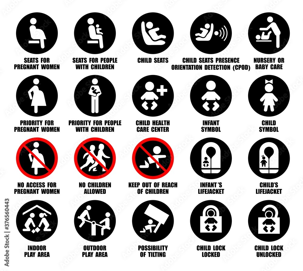Caution round signs of kids, pregnant women, people with children. Child seat, lock, health, lifejacket symbols with warning information Caution round signs of kids, pregnant women, people with children. Child seat, lock, health, lifejacket symbols with warning information