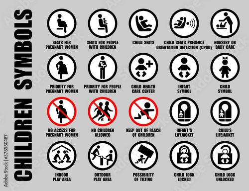Full vector set of black ISO icons with children symbols, isolated on white. Prohibition and allowed signs with baby, child, kid, infant pictograms