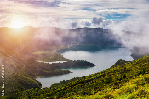 Beautiful panoramic view of Lagoa do Fogo lake in Sao Miguel Island, Azores, Portugal. "Lagoa do Fogo" in São Miguel Island, Azores. Panoramic image of Lagoa do Fogo, Sao Miguel, Azores, Portugal.