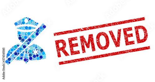 Round dot combination blacklisted police man and REMOVED scratched stamp print. Stamp seal includes REMOVED text between parallel lines. Vector collage is based on blacklisted police man icon,