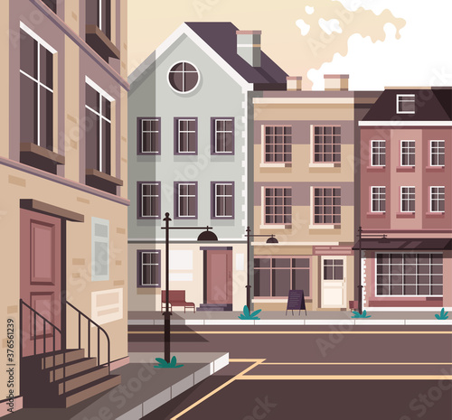 Retro old style Europe city town street concept. Vector flat graphic design cartoon illustration