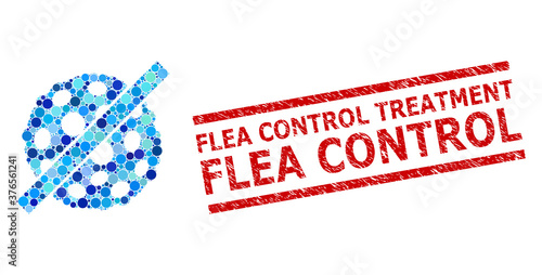 Circle mosaic remove microbe spore and FLEA CONTROL TREATMENT textured stamp print. Stamp seal includes FLEA CONTROL TREATMENT tag between parallel lines.