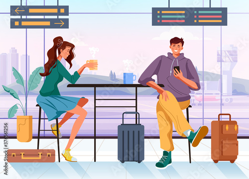 People man woman tourists travelers characters waiting arrival airplane concept. Vector flat graphic design cartoon illustration