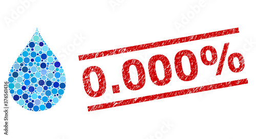 Circle collage drop and 0.000% grunge stamp print. Seal includes 0.000% text between parallel lines. Vector collage is based on drop icon, and organized from randomized blue circle spots.