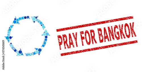 Round dot mosaic rotate ccw and PRAY FOR BANGKOK corroded seal. Stamp seal includes PRAY FOR BANGKOK tag between parallel lines. Vector collage is based on rotate ccw symbol,