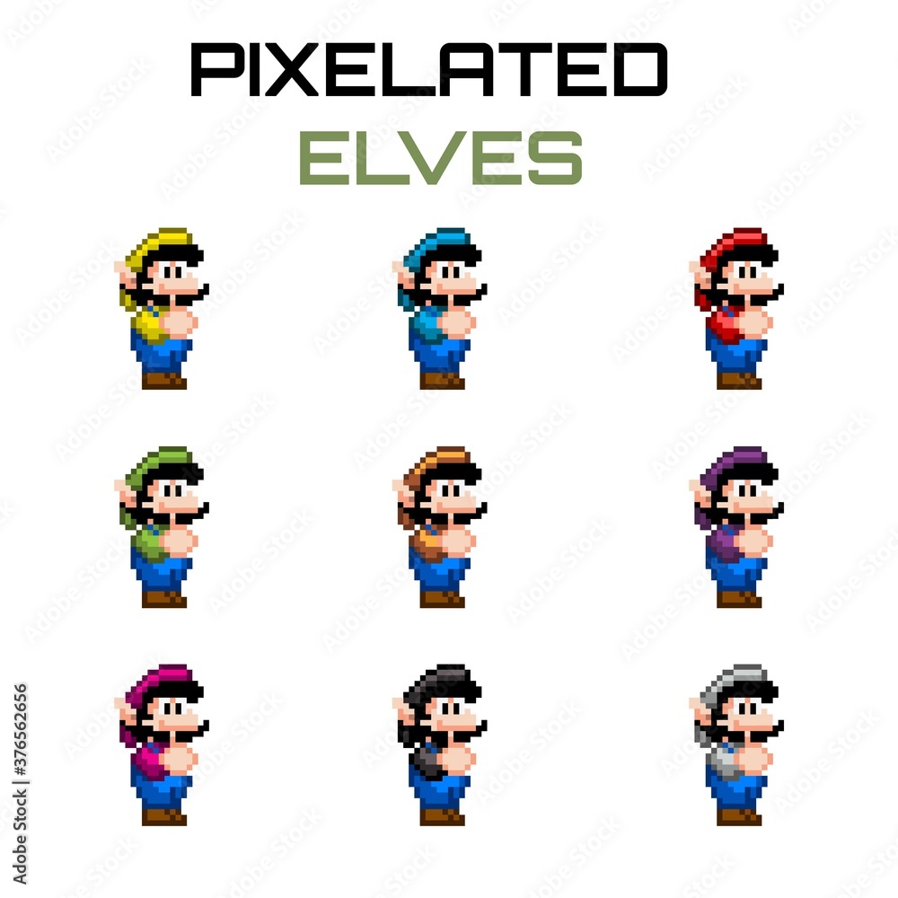 Several pixelated little elves, wearing different kind of color clothes for videogames, designs and illustrations. Several pixelated little elves, wearing different kind of color clothes for videogames, designs and illustrations.