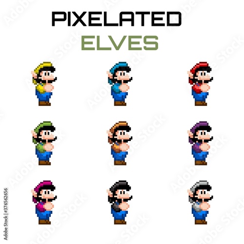 Several pixelated little elves, wearing different kind of color clothes for videogames, designs and illustrations.