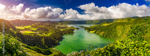 Beautiful view of Seven Cities Lake "Lagoa das Sete Cidades" from Vista do Rei viewpoint in São Miguel Island, Azores, Portugal. Lagoon of the Seven Cities, Sao Miguel island, Azores, Portugal. © daliu