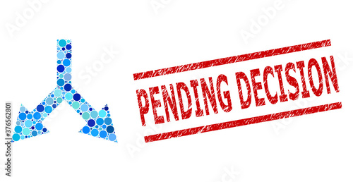 Round dot collage bifurcation arrow down and PENDING DECISION rubber stamp seal. Stamp seal includes PENDING DECISION text between parallel lines.