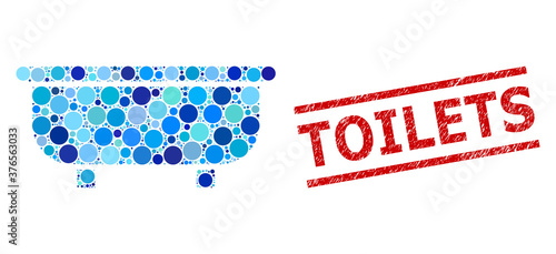 Round dot collage bathtub and TOILETS corroded stamp seal. Stamp seal includes TOILETS caption between parallel lines. Vector collage is based on bathtub icon,