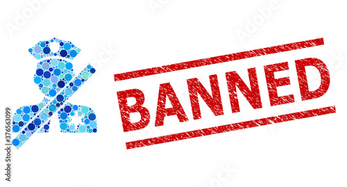 Circle collage closed police officer and BANNED unclean stamp seal. Stamp seal includes BANNED tag between parallel lines. Vector collage is based on closed police officer symbol,