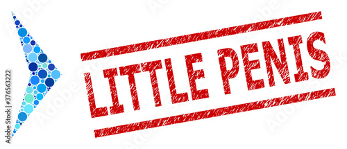 Circle composition arrowhead right and LITTLE PENIS unclean stamp seal. Stamp seal includes LITTLE PENIS tag between parallel lines. Vector mosaic is based on arrowhead right symbol,