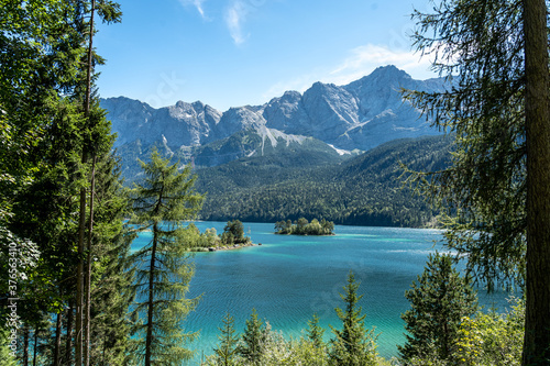 view on the beautiful zugspitze mountain and the eibsee