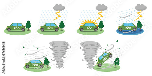 竜巻・雷雨の被害に遭う緑のエコカーのベクターイラストセット