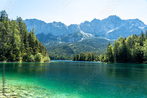 view on the beautiful zugspitze mountain and the eibsee
