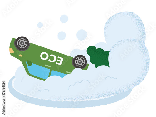 雪崩の被害に遭う緑色のエコカーのベクターイラスト