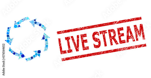 Round dot composition circulation and LIVE STREAM rubber seal. Stamp seal includes LIVE STREAM tag between parallel lines. Vector collage is based on circulation icon,