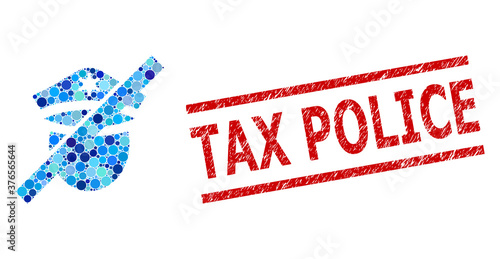 Round dot mosaic restricted police and TAX POLICE grunge stamp seal. Stamp includes TAX POLICE text between parallel lines. Vector mosaic is based on restricted police icon,