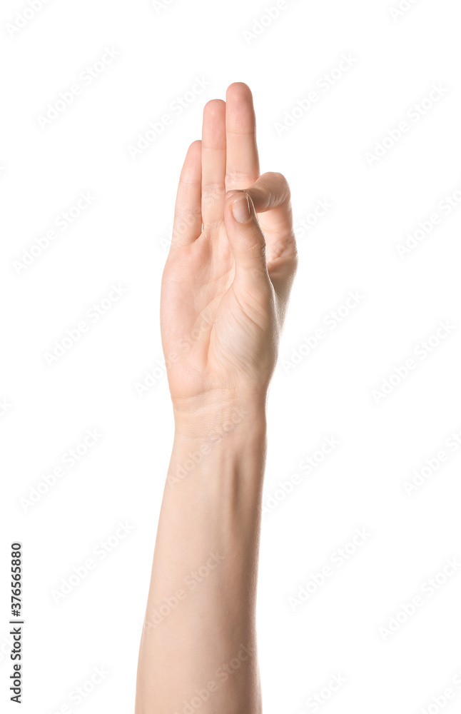 Hand showing letter F on white background. Sign language alphabet Hand showing letter F on white background. Sign language alphabet