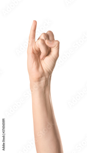 Hand showing letter I on white background. Sign language alphabet