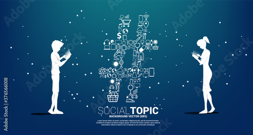 Silhouette of man and woman use mobile phone and Hash tag from icon . background concept for social topic and news.
