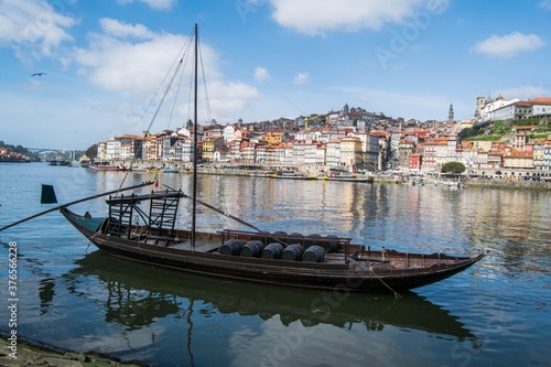 Porto city, Portugal. View of the river, with the boats and the city in the background