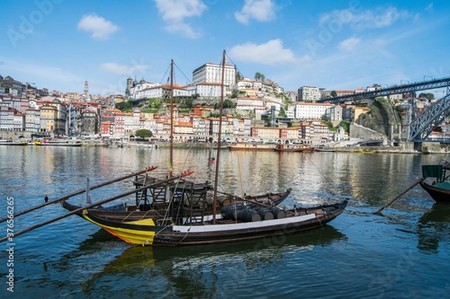 Porto city  Portugal. View of the river  with the boats and the city in the background