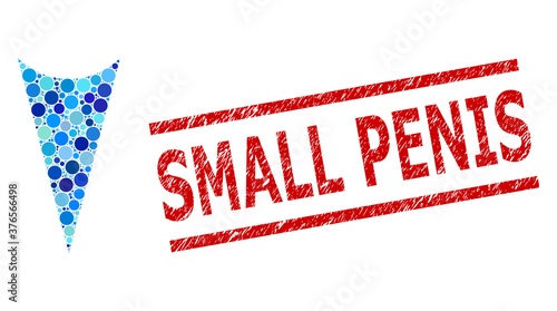 Circle mosaic arrowhead down and SMALL PENIS corroded stamp print. Stamp seal includes SMALL PENIS tag between parallel lines. Vector mosaic is based on arrowhead down symbol,