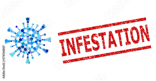 Round dot combination corona virus and INFESTATION unclean stamp seal. Stamp seal includes INFESTATION tag between parallel lines. Vector collage is based on corona virus symbol,