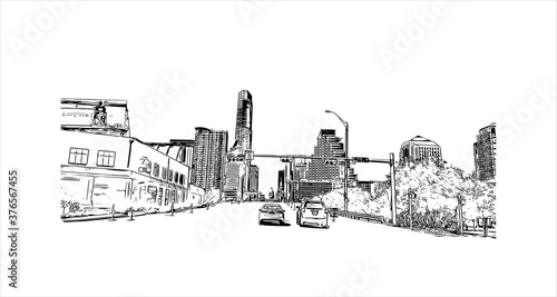 Building view with landmark of Austin is the state capital of Texas, an inland city bordering the Hill Country region. Hand drawn sketch illustration in vector.