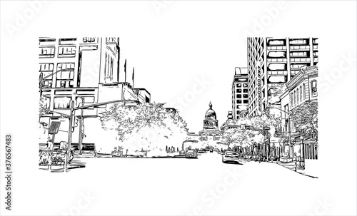 Building view with landmark of Austin is the state capital of Texas, an inland city bordering the Hill Country region. Hand drawn sketch illustration in vector.