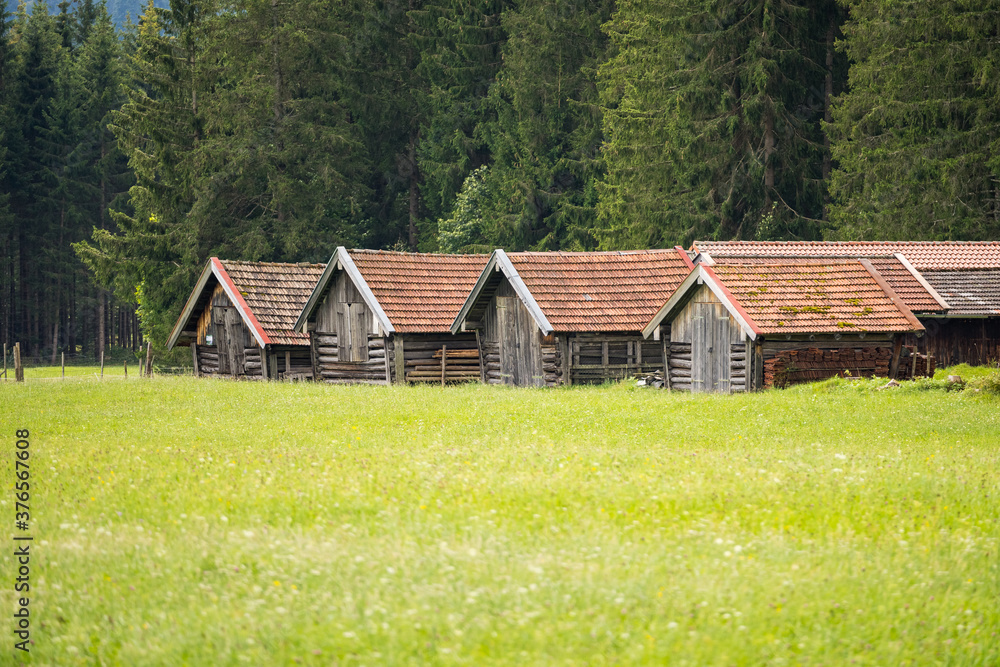 view on wetterstein mountain panorama and wooden houses on a green meadow near mittenwald