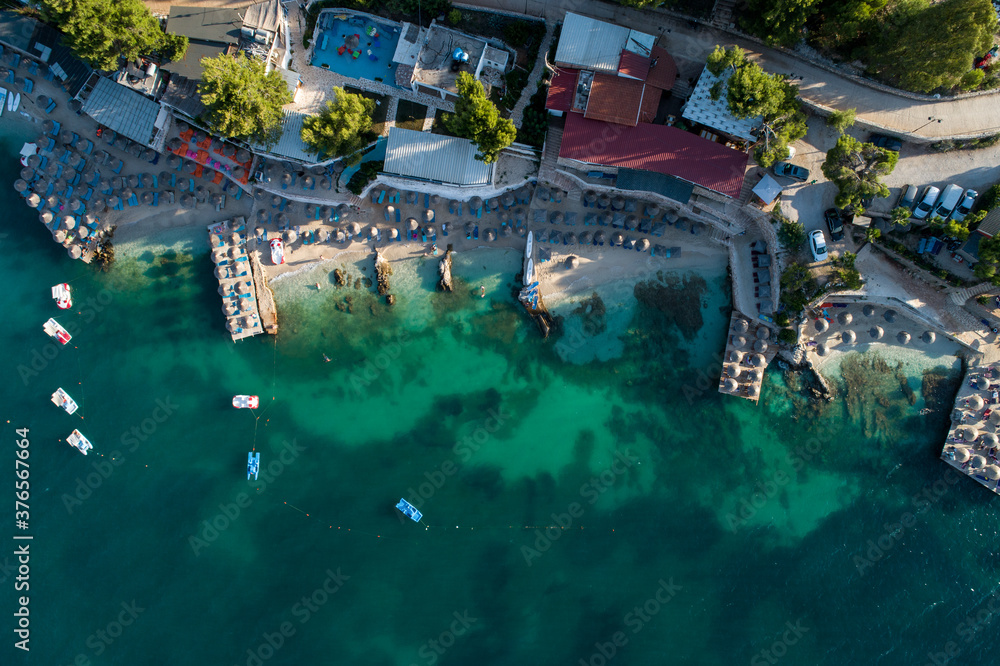Aerial view of the coastline in Ksamil, Albania