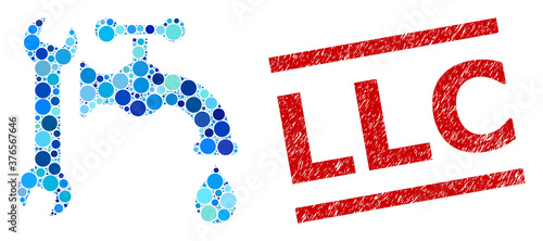 Round dot collage plumbing and LLC grunge stamp seal. Seal includes LLC caption between parallel lines. Vector collage is based on plumbing symbol, and organized from randomized blue spheric spots.