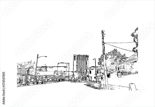 Building view with landmark of Austin is the state capital of Texas, an inland city bordering the Hill Country region. Hand drawn sketch illustration in vector.
