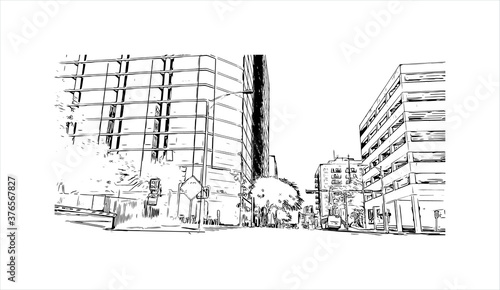 Building view with landmark of Austin is the state capital of Texas, an inland city bordering the Hill Country region. Hand drawn sketch illustration in vector.